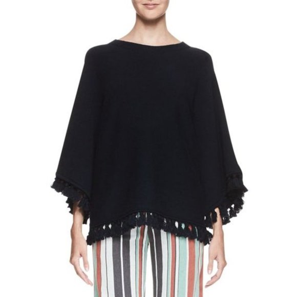 Chloe Fringe Poncho in Night Blue Cotton Wool Blend Drape Sweater Navy S - Picture 9 of 9